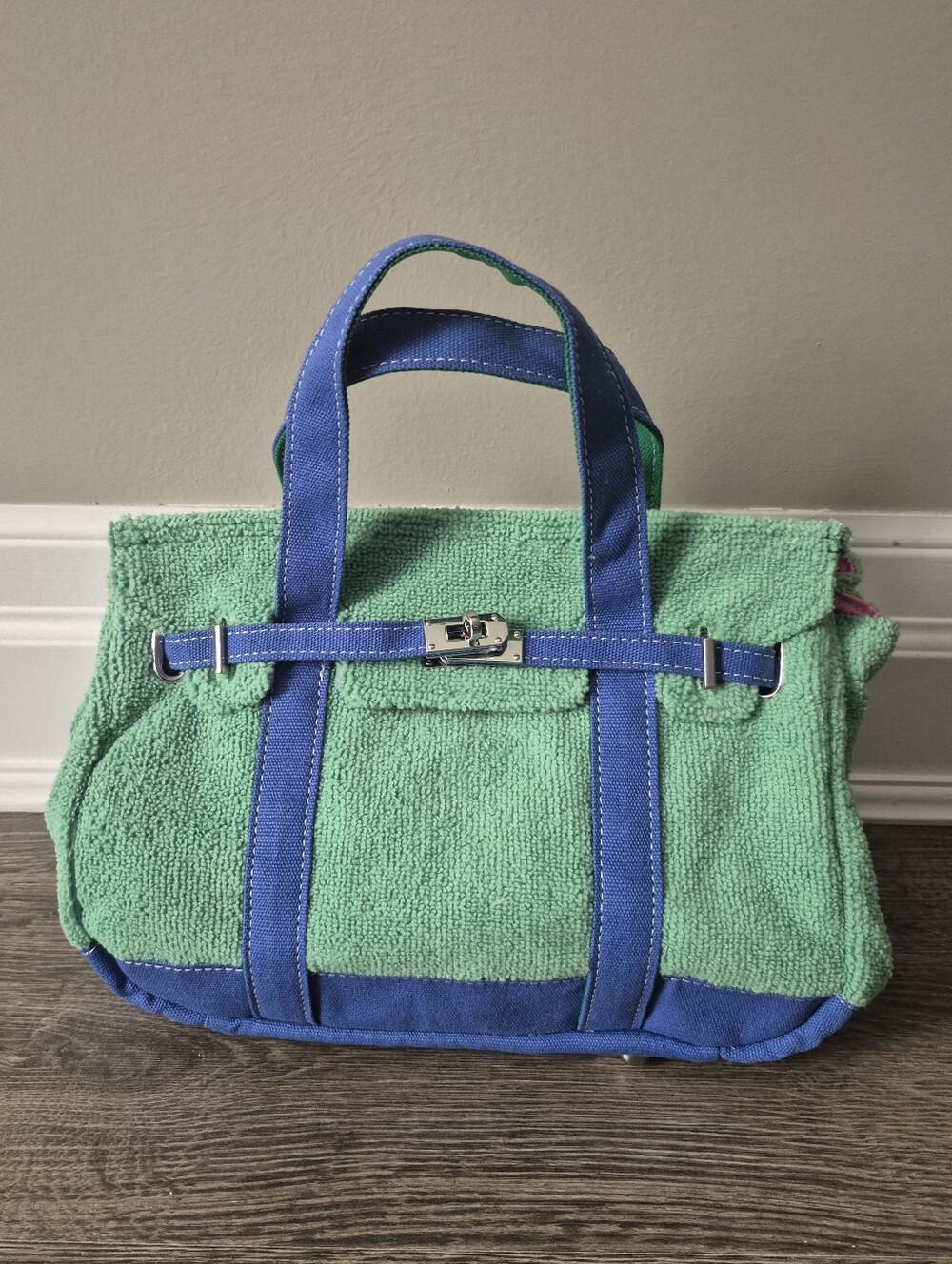 Boatkin Small Bag Lightweight Blue Green Pink Lining New Silver Hardware NEW